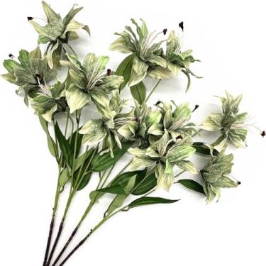 Imagem de Flores de seda artificial, flores de lírio falsas, caules longos, lírios estrelados, pacote com 4, buquês de tigre falso com flor total, plantas florais de toque real para decoração de cozinha de casa