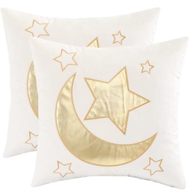 Imagem de Tosleo Capas de almofada Ramadã 45,7 x 45,7 cm Conjunto de 2 capas de almofada de veludo bege e dourado Ramadã Mubarak Decorações de almofada Ramadã lua e estrela para sofá de casa sofá ao ar livre