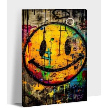 Imagem de ANRUOXI Arte de parede de rosto sorridente grafite, impressão em tela abstrata, arte pop urbana moderna para parede de casa, emoji de sorriso fofo, decoração de parede de quarto 30,48 cm L L x 45 A