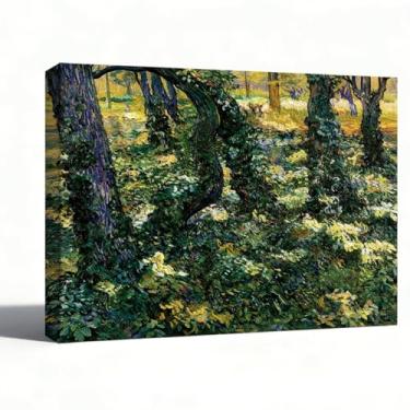 Imagem de Arte de parede em tela de piso de floresta iluminada pelo sol, árvores e flores texturizadas, pintura a óleo impressionista sobre tela, arte de paisagem de natureza calmante, decoração de parede de 20