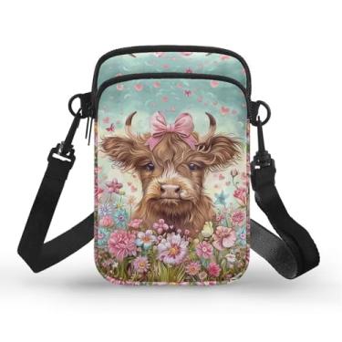 Imagem de CLOHOMIN Bolsa transversal para celular, mini bolsa tiracolo feminina e masculina com bolsos com zíper, Flores de vaca Highland