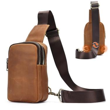 Imagem de Bolsa tiracolo de couro genuíno para homens, bolsa tiracolo vintage, pequena, bolsa de ombro para o peito lateral do telefone, 9198-marrom, Vintage