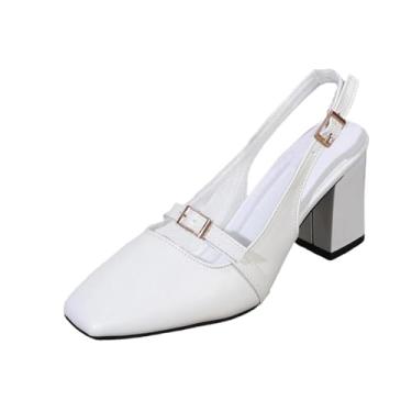 Imagem de Sandália feminina sólida de salto quadrado PU superior casual verão plataforma confortável caminhada, Branco, 36