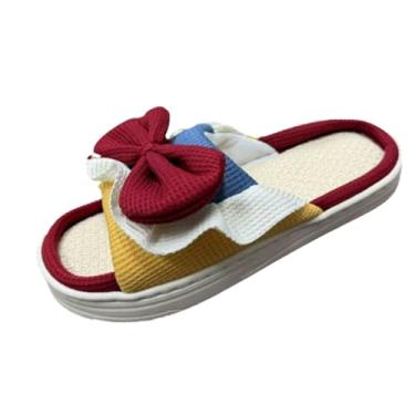 Imagem de Sandália feminina de linho para casa, silenciosa, antiderrapante, para uso interno e externo, confortável para casais em todas as estações, chinelos domésticos femininos, Vermelho, 34