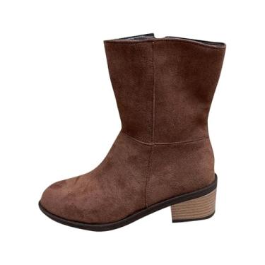 Imagem de Bota feminina fashion casual com zíper lateral camurça salto grosso fino versátil doce legal outono inverno moderno, Marrom, 38