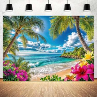 Imagem de 2 x 1,5 m pano de fundo de praia de verão tropical flores havaianas folhas de palmeira oceano céu azul à beira-mar cenário de fundo luz do sol festa luau casamento casamento noiva chá de bebê festa de