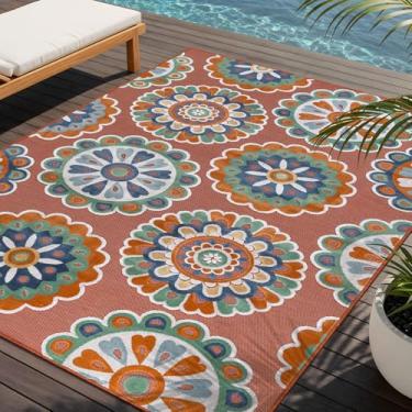 Imagem de Tapete para ambientes externos, 22,5 x 30,5 cm, lavável, tapetes para ambientes internos e externos, medalhão boêmio, laranja, impermeável, fácil de limpar, terraço, varanda, sala de estar, quarto