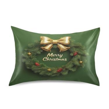 Imagem de SEHANY Fronha de seda verde com sinos de Natal para cabelo e pele, capa de almofada respirável super macia e macia com envelope para casa, quarto, hotel, padrão 50 x 76 cm