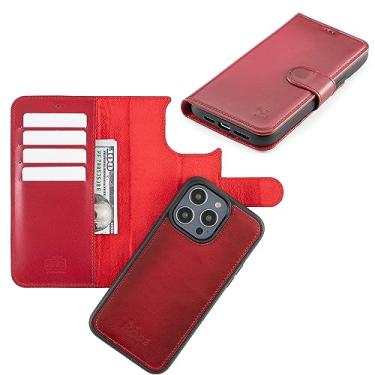 Imagem de Node Leather Capa de couro para iPhone 13 Pro Max com MagSafe, capa carteira de couro genuíno para iPhone 13 Promax com suporte para cartão, capa flip magnética destacável, bloqueio RFID, rosa