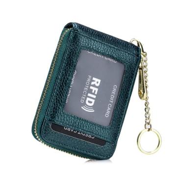 Imagem de Carteira feminina de couro com porta-cartões de crédito RFID com chaveiro, multicartões e organizador de moedas, Verde A, Cor lisa