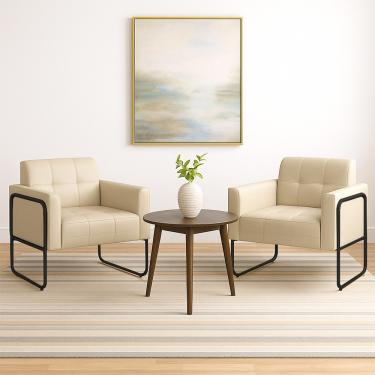 Imagem de Poltrona Sala Decorativa Kit 2 Elisa Base Tubular Alta Preta Sintético PU Bege D03 - D'Rossi