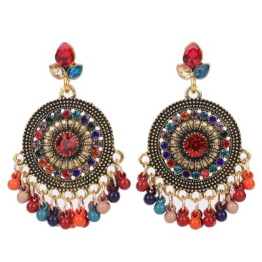 Imagem de fxmimior Brincos de pingente boêmio indiano Jhumki com pingente de candelabro boêmio, folha de cristal, jhumka, cigano, declaração, sino, miçanga, borla, brincos para mulheres, festas, festivais