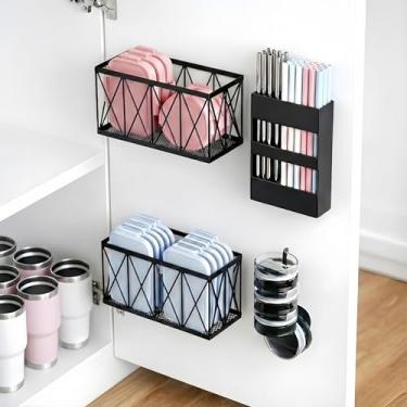 Imagem de MIXISAV Pacote com 4 organizadores de tampa de porta de armário sem broca para tampas de plástico e copo, armazenamento interno montado na parede, compatível com Tupperware, Yeti e Stanley, com