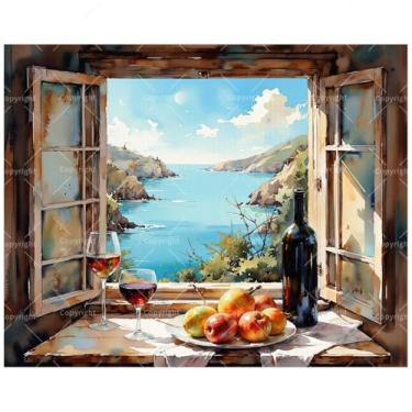 Imagem de Kit de pintura de janela cênica por números para adultos – Vista costeira DIY com pintura de vinho e frutas em tela, 30 x 40 cm, conjunto de tinta acrílica emoldurada, adequado para iniciantes, arte