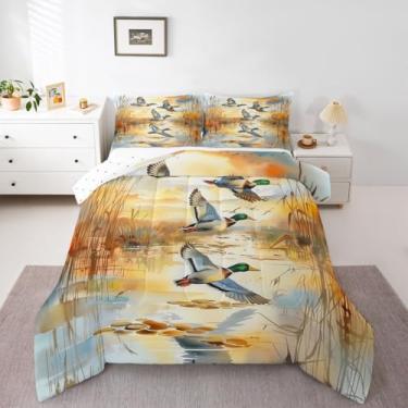 Imagem de Erosebridal Conjunto de edredom infantil, pato selvagem, caça e pesca, tamanho casal, patos selvagens, para meninos, meninas, adolescentes, adultos, estilo casa de fazenda, com 2 fronhas