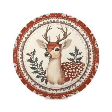 Imagem de STAYTOP Jogo americano redondo de rena de Natal estilo vintage, 6 peças, tapetes de mesa antiderrapantes fáceis de limpar para decoração de mesa de festa de churrasco em casa