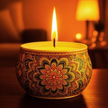 Imagem de Vela Perfumada Aromática Artesanal de Lavanda em Lata Decorada Mandala Mística Premium 130g Natural com Cera de Coco e Pavio de Algodão Relax Decoraçao Meditação Yoga
