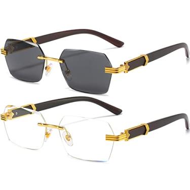 Imagem de AIEYEZO Óculos de sol retrô sem aro retangular, unissex, vintage, sem moldura, modernos, quadrados, matizados, Pacote com 2 (ouro/cinza + ouro/transparente), MM