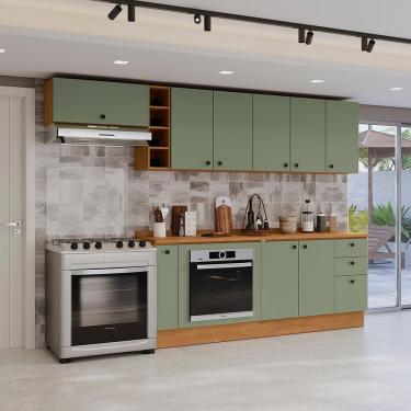 Imagem de Armário De Cozinha Completa 3 Gavetas 300cm Canela/verde Frevo Pixel Kappesberg