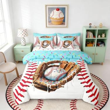Imagem de Conjunto de edredom esportivo para meninos e meninas, 7 peças, sorvete, sobremesa, para meninos e adultos, lençol completo com textura de beisebol, 1 edredom com elástico, 1 lençol de cima, 2 fronhas