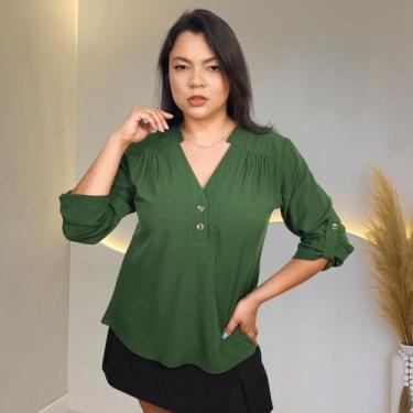Imagem de Blusa Camisa Feminina Social Botões Manga 3/4 Formal Laura, Verde mili