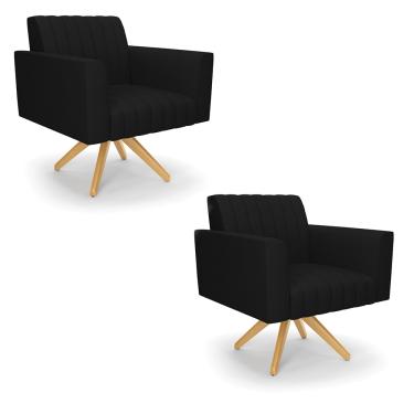 Imagem de Kit 2 Poltronas Giratória Viena Gomada Linho Preto A79 Base de Madeira MA30 - D'Rossi