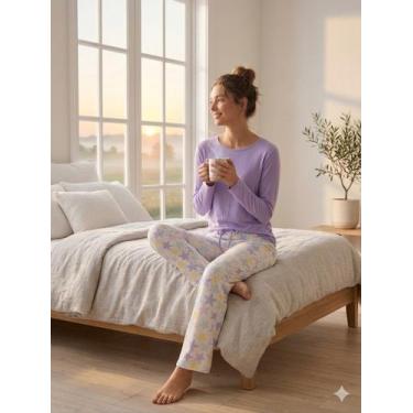 Imagem de Pijama Manga Longa Feminino Calça Estampada Outono Inverno Tamanho:GGC