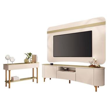 Imagem de Rack Bancada Elara e Painel Armony com Aparador Fiero Off White Champanhe - HB Móveis