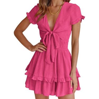 Imagem de Vestido PRETTYGARDEN 2025 Decote V Manga Curta Laço Vermelho Rosa P - 