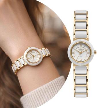 Imagem de Relógio Analógico Feminino Branco e Dourado com Pulseira de Cerâmica e