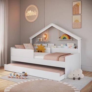 Imagem de Cama Infantil Moldura Casinha para Colchão 0,88 X 1,88 Cor Branca com Cama Auxiliar Branco