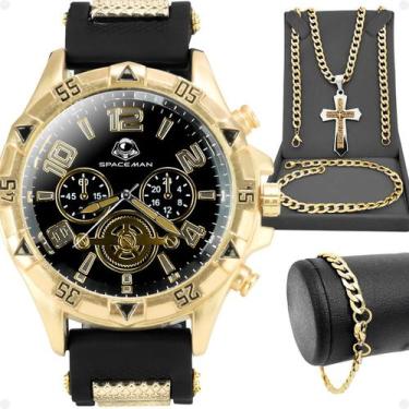 Imagem de Relogio masculino aço banhado + crucifixo cordão ouro dourado grumet i