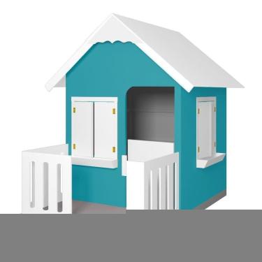 Imagem de Casinha de Brinquedo L12 com Cercado e Floreiros em MDF Turquesa e Branco Gran Belo