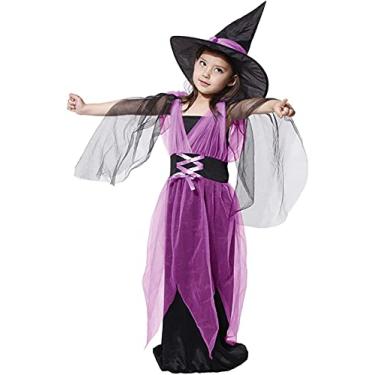 Imagem de Vestido de Halloween para meninas, chapéu de bruxa, conjunto de fantasia de carnaval, cosplay, festa, Kawaii tutu (roxo, G)