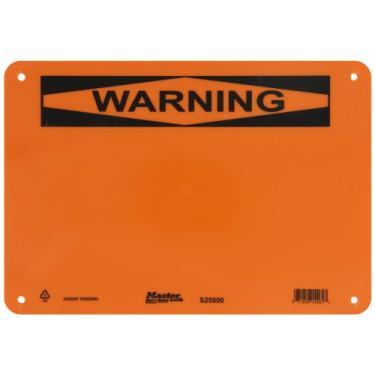 Imagem de Master Lock S25000 25,4 cm de largura x 17,7 cm de altura, placa de segurança preta sobre laranja com seção em branco, "Aviso" do cabeçalho