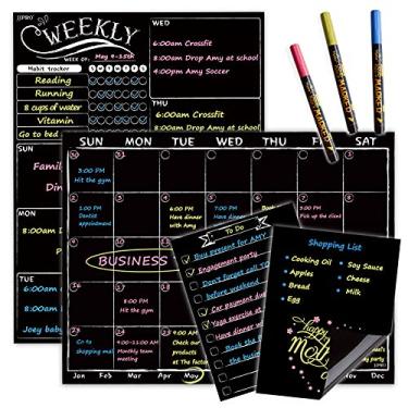 Imagem de Calendário mensal de lousa magnética – Conjunto semanal de quadro negro com marcadores de giz líquido neon brilhante – Lista de compras e bloco de notas para geladeira incluídos