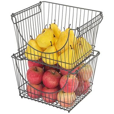 Imagem de Organizador de cestas de empilhamento de design inteligente – Grande (3,3 x 21,5 cm) – c/alça – metal de aço – alimentos, frutas, vegetais seguros – cozinha [bronzeado] – Conjunto de 2
