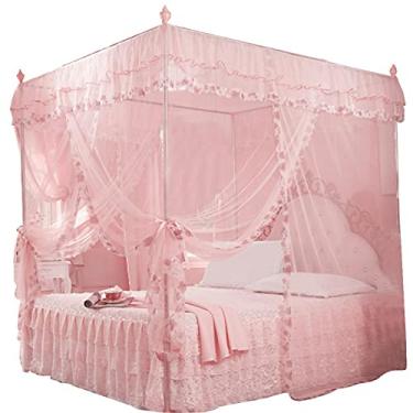 Imagem de Junlucki Rede de cama princesa, cortinas de dossel de 4 cantos com 3 aberturas laterais cortina de cama rede de dossel para pendurar para crianças decoração de cama para casal/queen/king, fácil instalação (#1)