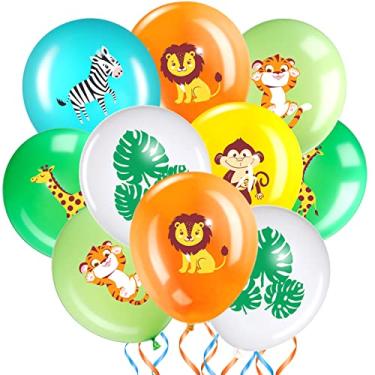 Imagem de 36 balões de festa de safári selva, decoração de folhas de palmeira, estampa de balão, animais selvagens, decoração de festa temática para aniversário, chá de bebê, menina, menino, balão, arco, guirlanda, artigos de festa, 30,5 cm