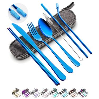 Imagem de Conjunto de utensílios de viagem com estojo reutilizável e portátil, conjunto de talheres de aço inoxidável, 8 peças, incluindo faca de jantar, garfo, colher e pauzinhos (azul)