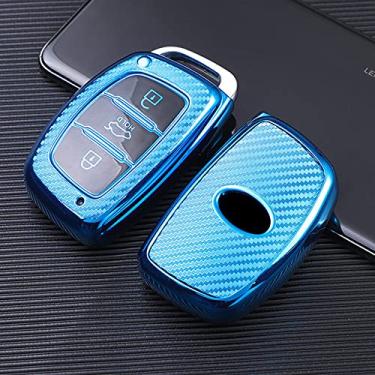 Imagem de YJADHU Capa de chave de carro TPU de fibra de carbono suporte protetor de pele, apto para Hyundai IX35 Avante Mistra ELANTRA Santafe Tucson, azul
