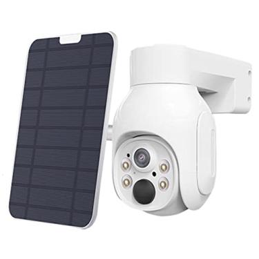 Imagem de Câmera externa de segurança sem fio com painel solar, câmera WiFi Pan Pan de bateria 1080p com visão noturna colorida funciona para vigilância externa em casa