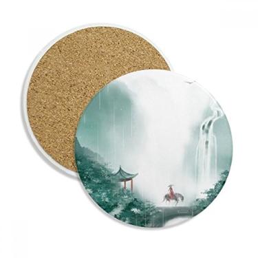 Imagem de Mountain Rain Mo Caneca de porta-copos de aquarela chinesa Caneca de proteção de mesa Pedra absorvente