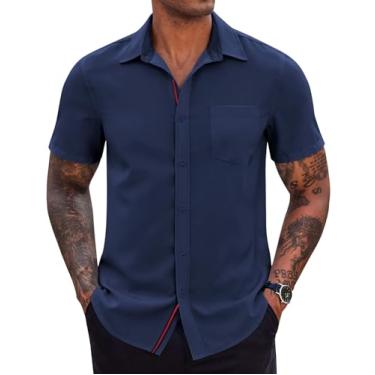 Imagem de COOFANDY Camisa masculina casual de botão manga curta Muslce Fit Business Dress Shirt com bolso, Azul marinho, P