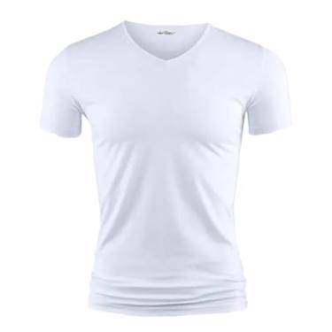 Imagem de Camiseta masculina cor pura gola V e O manga curta camisetas masculinas fitness para roupas masculinas 1, Decote em V na cor branca, M