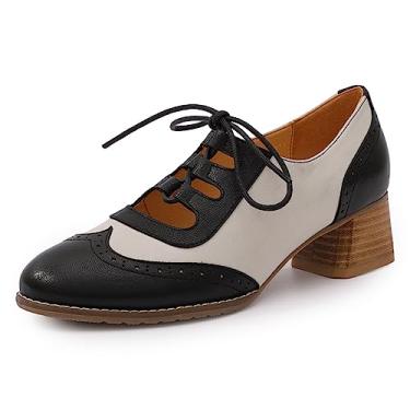 Imagem de Mona flying Sapato feminino vintage de couro grosso salto médio Oxfords Brogues sapato de bico redondo perfurado, Preto, branco - 5, 9