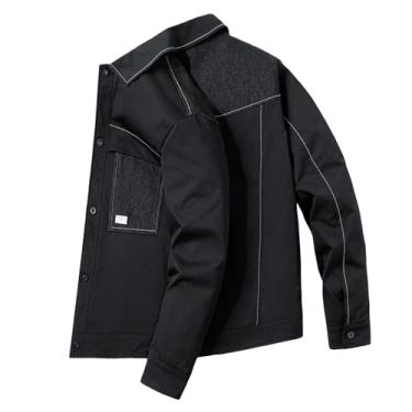 Imagem de Jaqueta masculina jeans lapela cor sólida jaqueta cargo bolso solto respirável botão macio vestuário de trabalho, Preto, 4X-Large