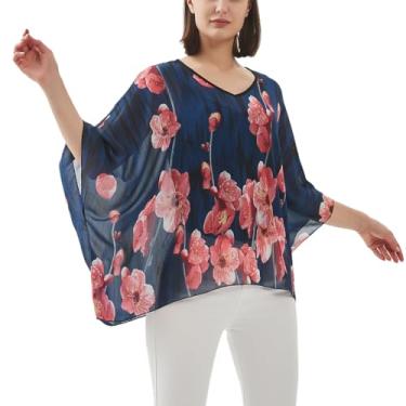 Imagem de Blusa feminina de chiffon transparente com estampa floral boêmia, túnica poncho caftan, #Gola V azul-marinho Wintersweet, Tamanho Único