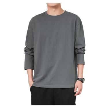 Imagem de Camisetas masculinas manga comprida gola redonda pulôver cor sólida casual esportes camisetas de algodão, Cinza escuro, 5G