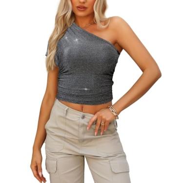 Imagem de Kenaque Blusa feminina de um ombro só, franzida, para sair, sem mangas, camisetas Y2K de malha com ombros de fora, Glitter-prata cinza, GG